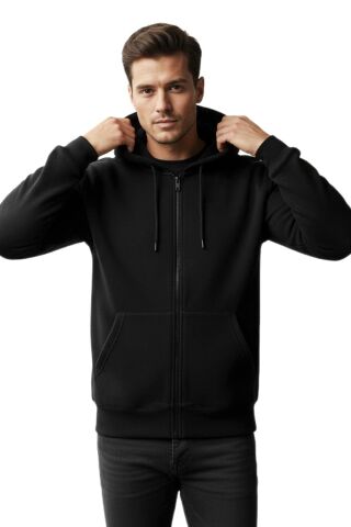Erkek Kapüşonlu Fermuarlı Siyah Sweatshirt 3 İplik BGL-ST04791