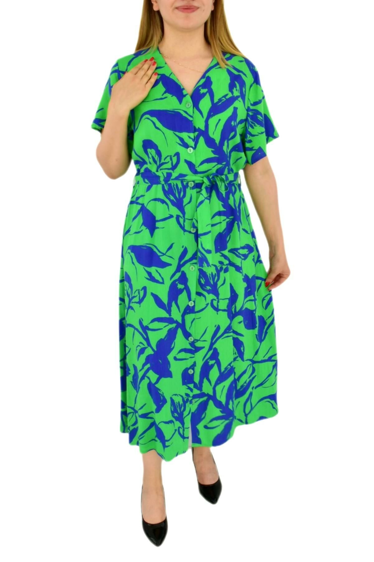 Kadın Çiçekli Kısa Kol Dügmeli Elbise BGL-ST03034