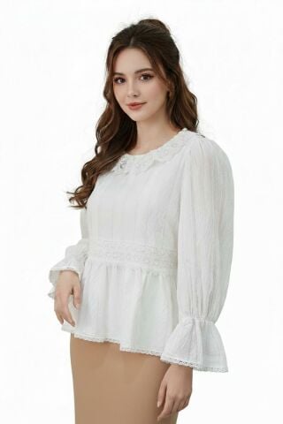 Kadın Yaka Güpürlü Kol Valonlu Bluz BGL-ST04353