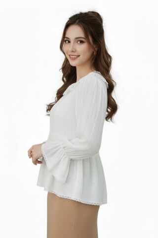 Kadın Yaka Güpürlü Kol Valonlu Bluz BGL-ST04353