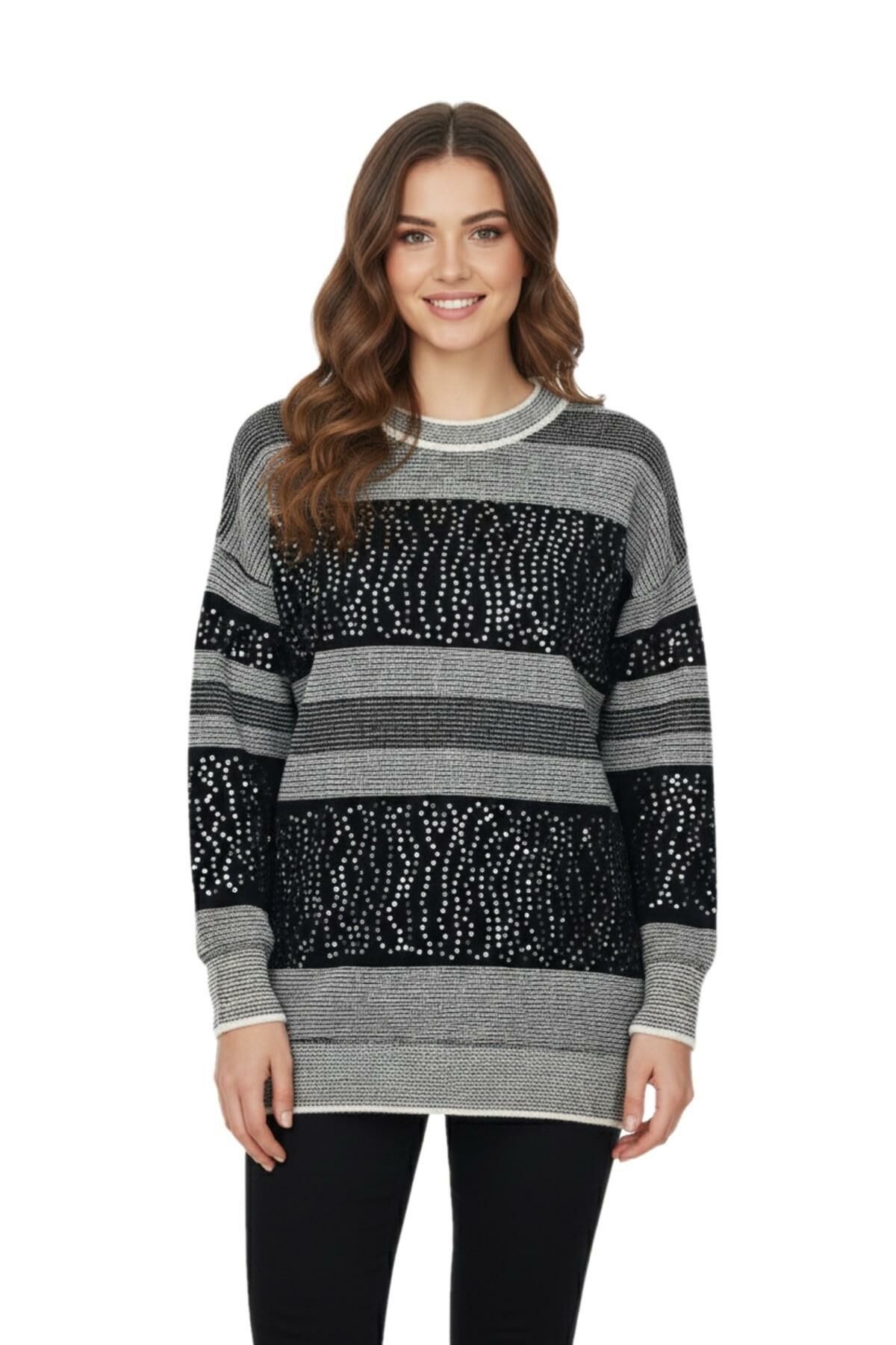 Kadın Pullu Çizgili Oversize Kazak 7592 BGL-ST04076