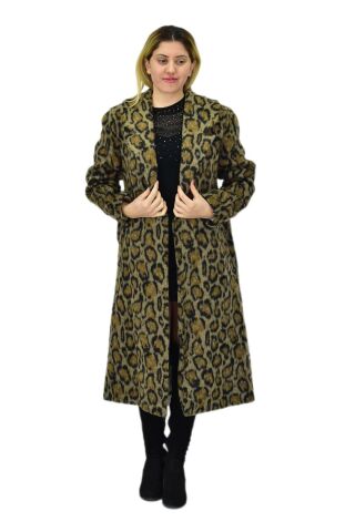 Kadın Leopar Desenli Uzun Kaşe Kaban BGL-ST04064