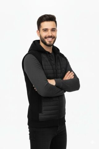 Erkek Kapitone Modelli 3 İplik Kapüşonlu Yelek BGL-ST04866