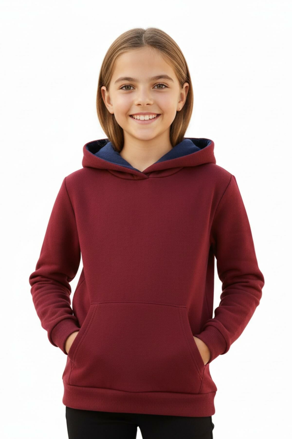 Kız Çocuk Bordo Kapüşonlu Cepli 3 İplik Sweatshirt BGL-ST04998