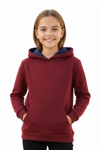 Kız Çocuk Bordo Kapüşonlu Cepli 3 İplik Sweatshirt BGL-ST04998