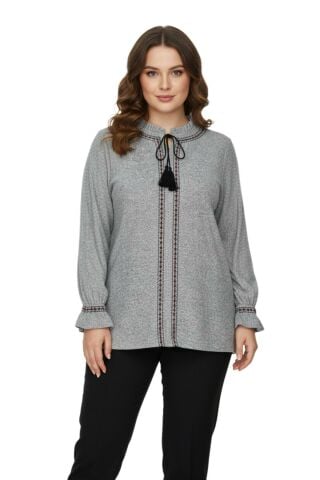 Kadın Yumoş Yaka Bağcıklı Kol Valonlu Modelli Bluz BGL-ST05141