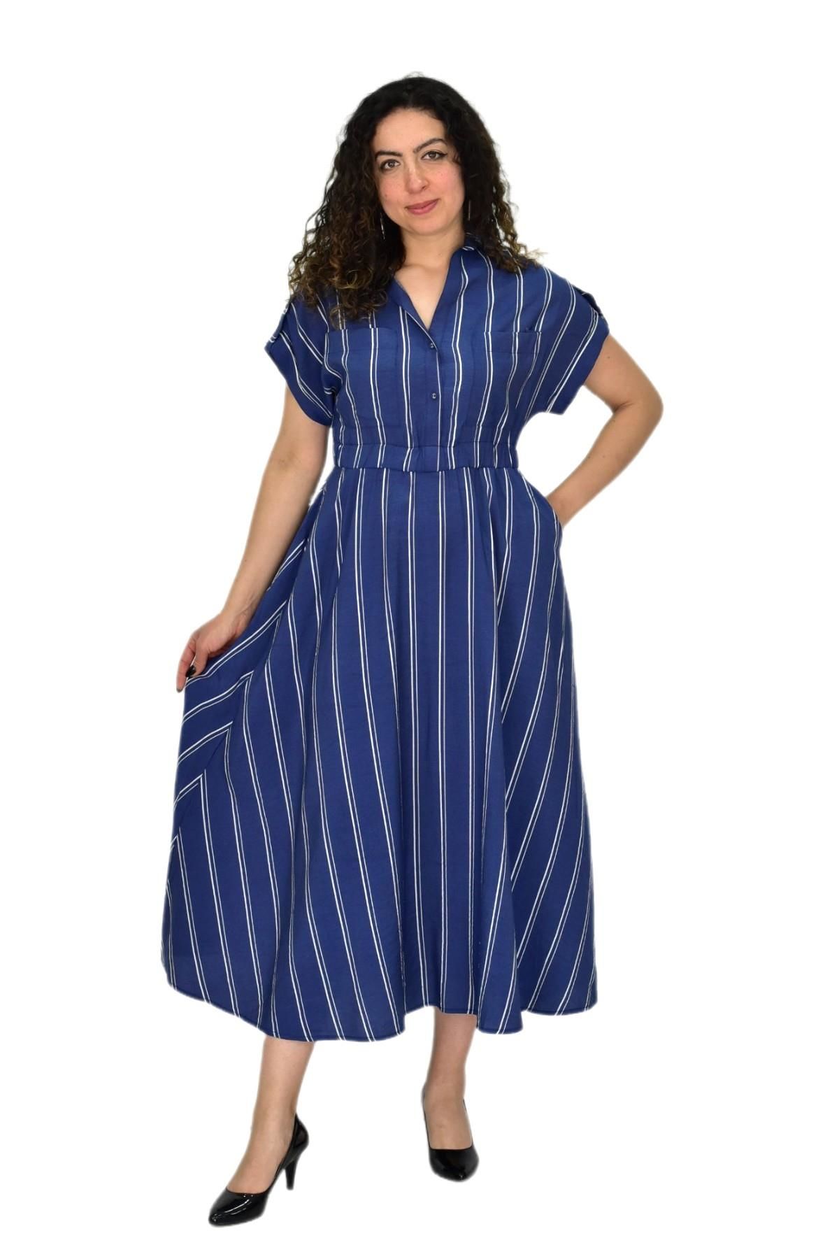 Kadın Beli Lastikli Çizgili Elbise BGL-ST04638