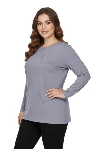 Kadın Gri Sıfır Yaka Taşlı Bluz BGL-ST05151