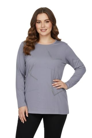 Kadın Gri Sıfır Yaka Taşlı Bluz BGL-ST05151