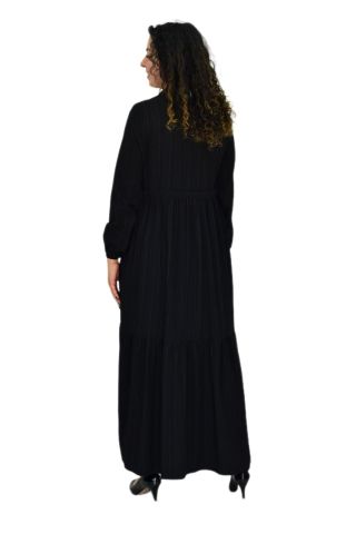 Kadın Uzun Kol Lastikli Kabartma Çizgili Elbise BGL-ST04676