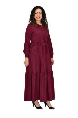 Kadın Uzun Kol Lastikli Kabartma Çizgili Elbise BGL-ST04676