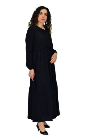 Kadın Uzun Kol Lastikli Kabartma Çizgili Elbise BGL-ST04676