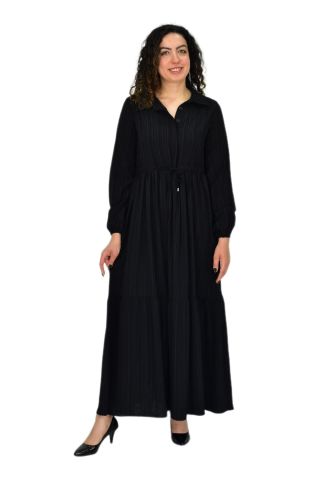 Kadın Uzun Kol Lastikli Kabartma Çizgili Elbise BGL-ST04676