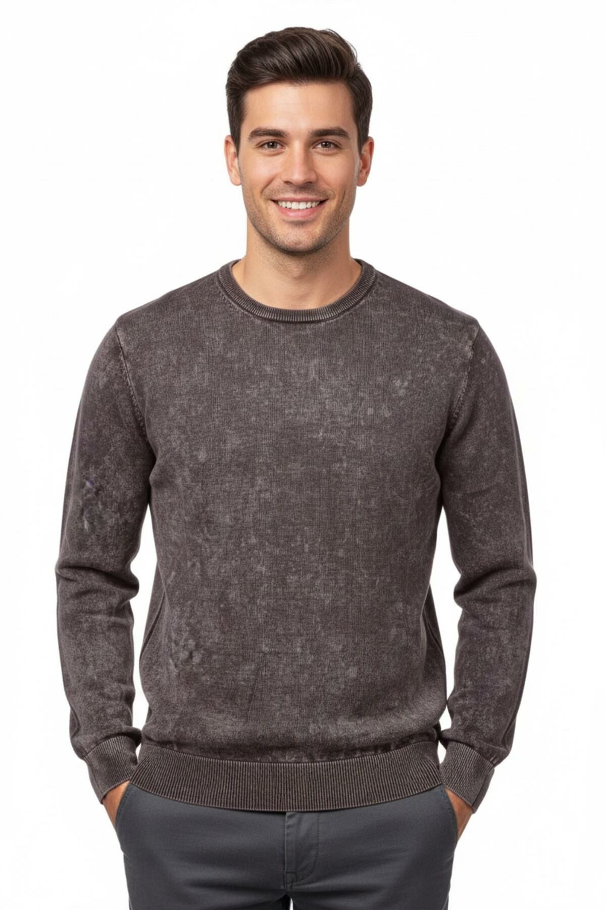 Erkek Spor Sıfır Yaka Taşlama Yıkamalı Regular Fit Kazak BGL-ST04952