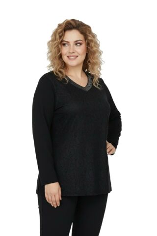 Kadın Siyah V Yaka Taşlı Bluz BGL-ST05149