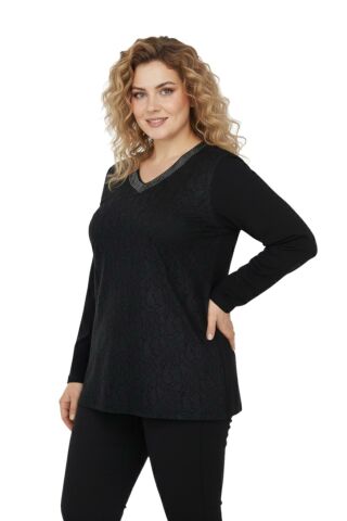Kadın Siyah V Yaka Taşlı Bluz BGL-ST05149
