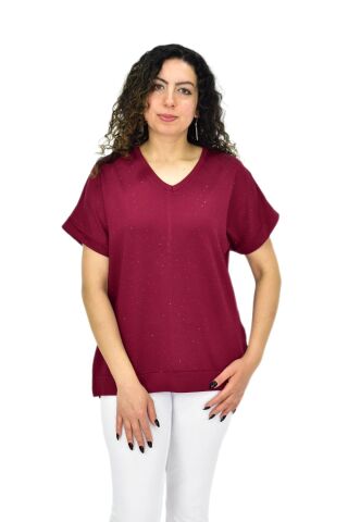 Kadın Yarım Kol V Yaka Taşlı Likralı Tişöt  BGL-ST04653