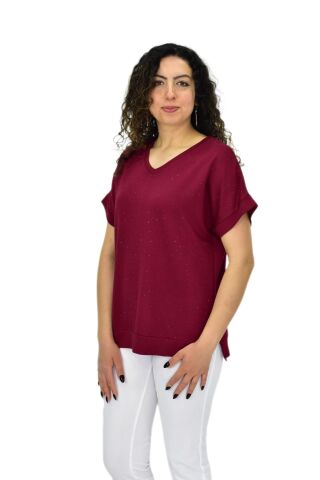 Kadın Yarım Kol V Yaka Taşlı Likralı Tişöt  BGL-ST04653
