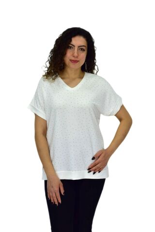 Kadın Yarım Kol V Yaka Taşlı Likralı Tişöt  BGL-ST04653