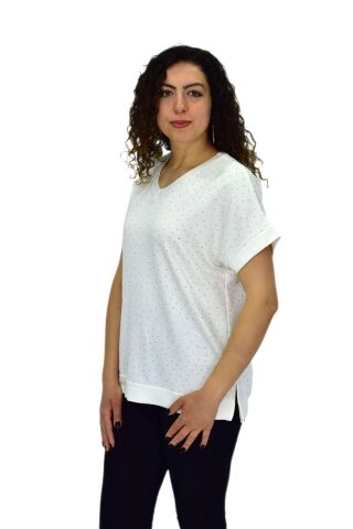 Kadın Yarım Kol V Yaka Taşlı Likralı Tişöt  BGL-ST04653