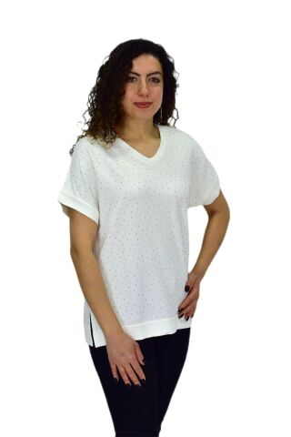 Kadın Yarım Kol V Yaka Taşlı Likralı Tişöt  BGL-ST04653