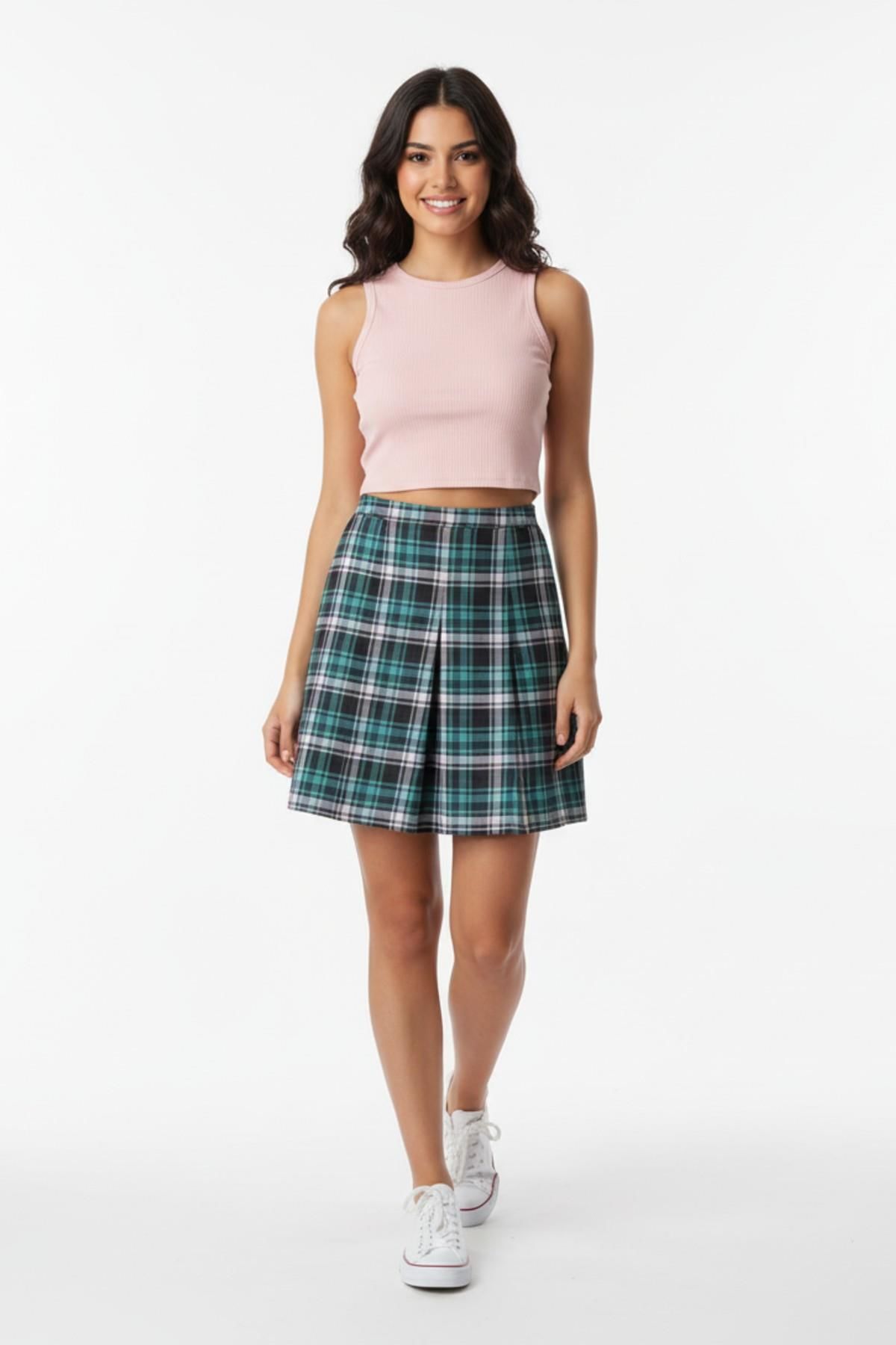 Kadın Ekose Kolej Şort Etek Yeşil Füme BGL-ST05197