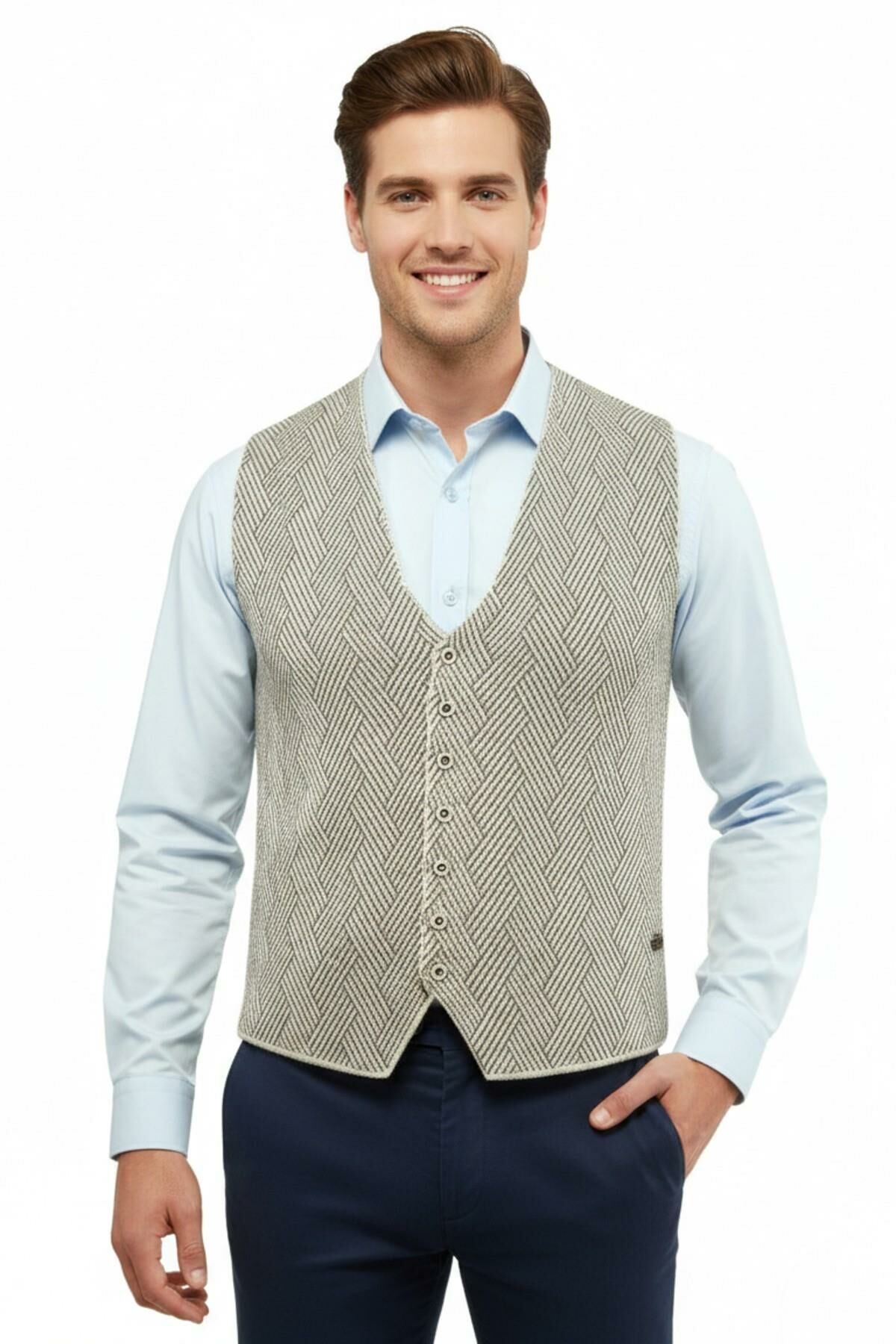 Erkek Düğmeli Yelek Cepsiz Çelik Örgü Klasik Kalıp 5211LS BGL-ST05018