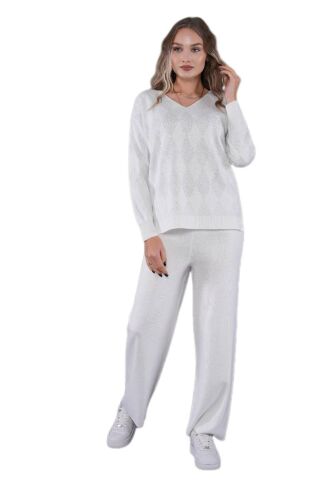 Kadın V Yaka Yaka Baklava Dilimi Simli Kazak 12819 BGL-ST04226