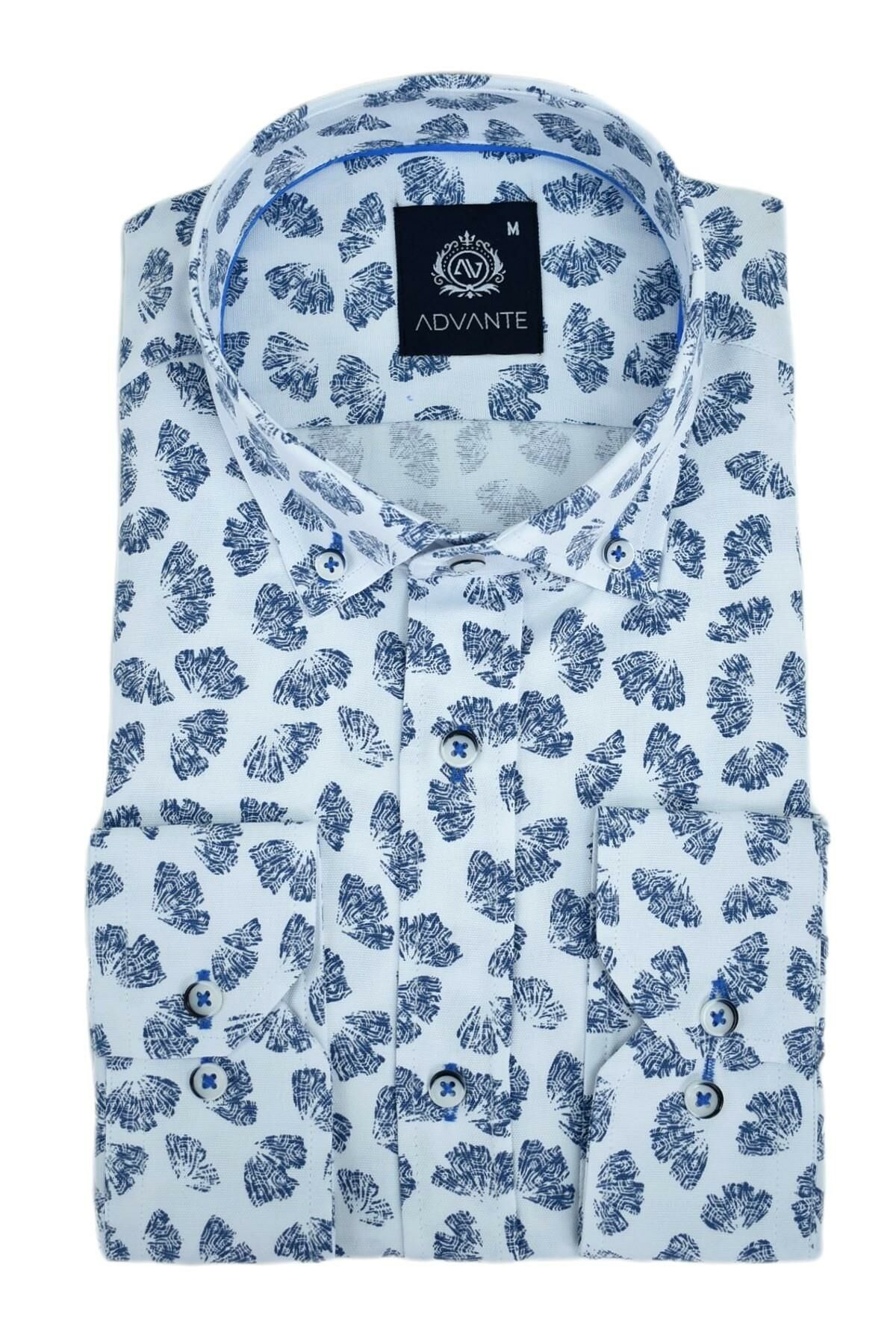 Erkek Silim Fitt Yaprak Baskılı Uzun Kol Gömlek BGL-ST02980