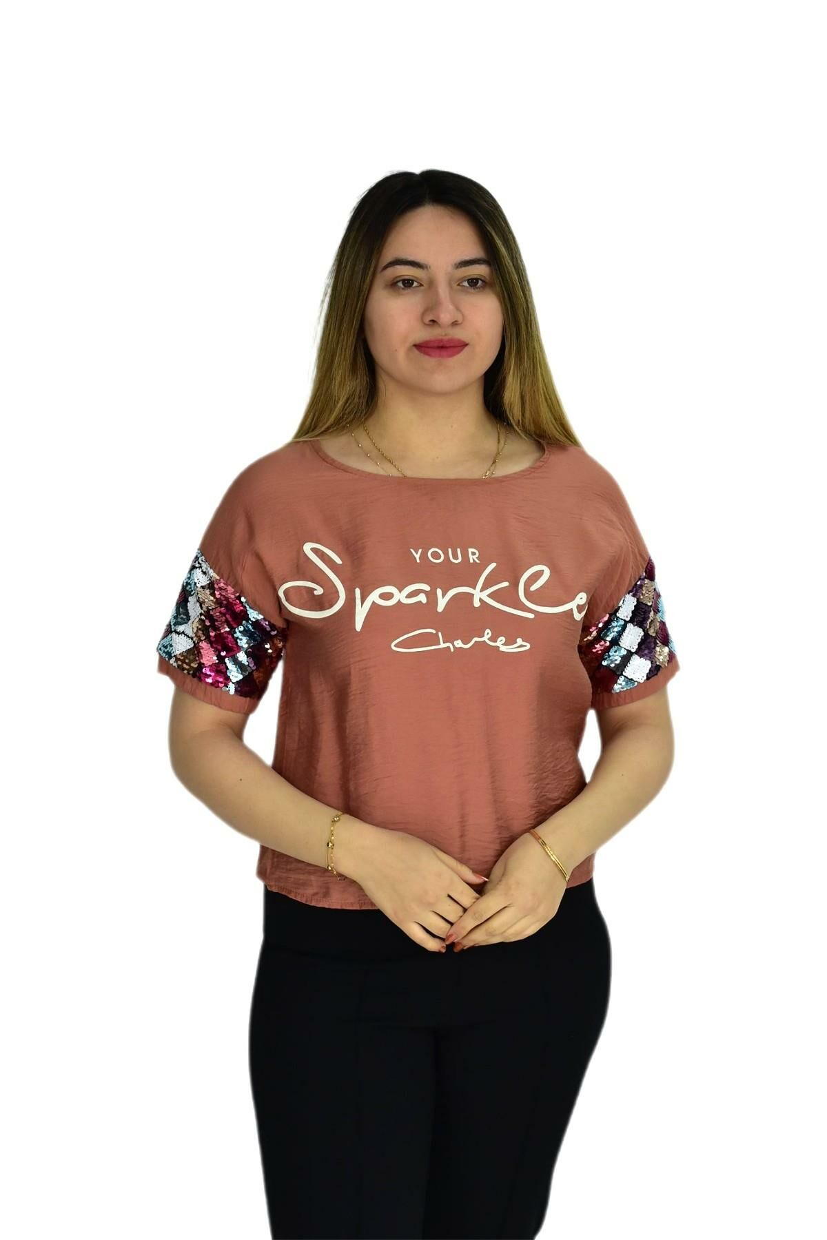 Kadın Payet Kol Pullu Bluz 19049