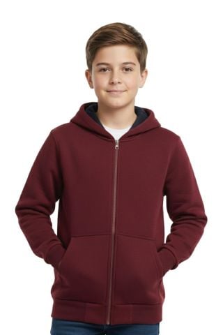 Bordo Fermuarlı Kapüşonlu Cepli Kız Erkek Sweatshirt BGL-ST04999