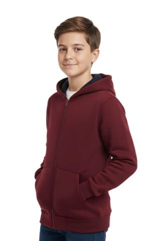 Bordo Fermuarlı Kapüşonlu Cepli Kız Erkek Sweatshirt BGL-ST04999