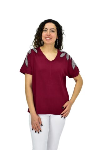 Kadın Yarım Kol V Yaka Taşlı Likralı Tişöt  BGL-ST04654