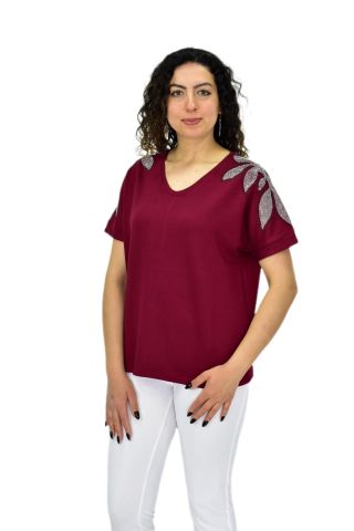 Kadın Yarım Kol V Yaka Taşlı Likralı Tişöt  BGL-ST04654
