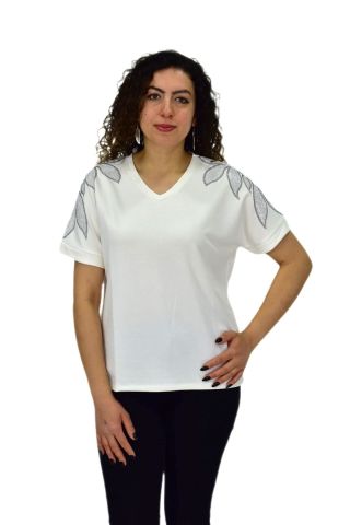 Kadın Yarım Kol V Yaka Taşlı Likralı Tişöt  BGL-ST04654