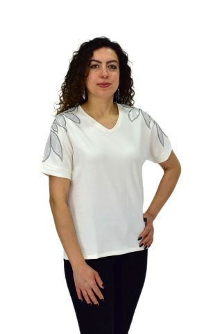 Kadın Yarım Kol V Yaka Taşlı Likralı Tişöt  BGL-ST04654