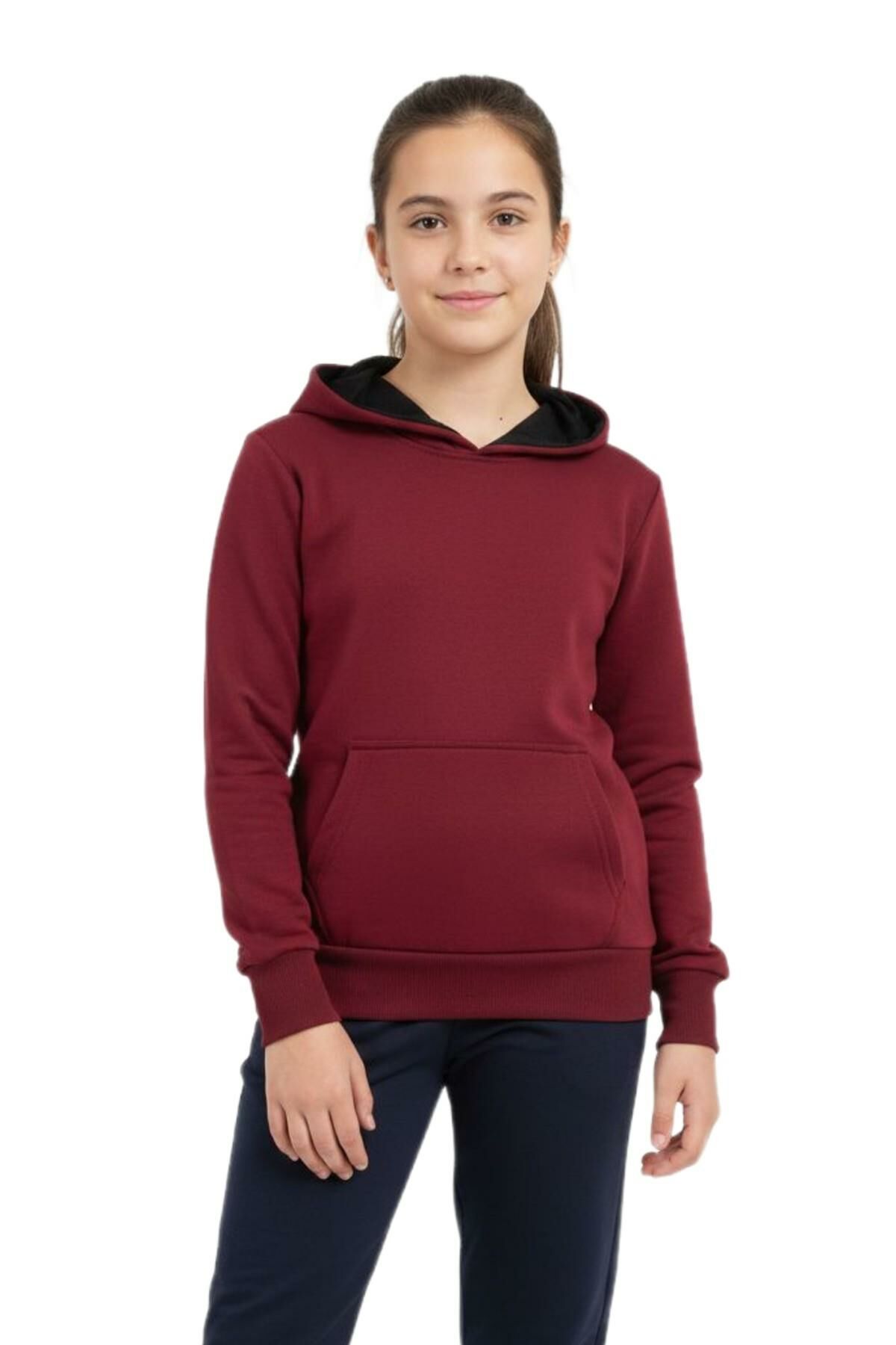 Çocuk Bordo Kapüşonlu Cepli 3 İplik Kız Erkek Sweatshirt BGL-ST05004
