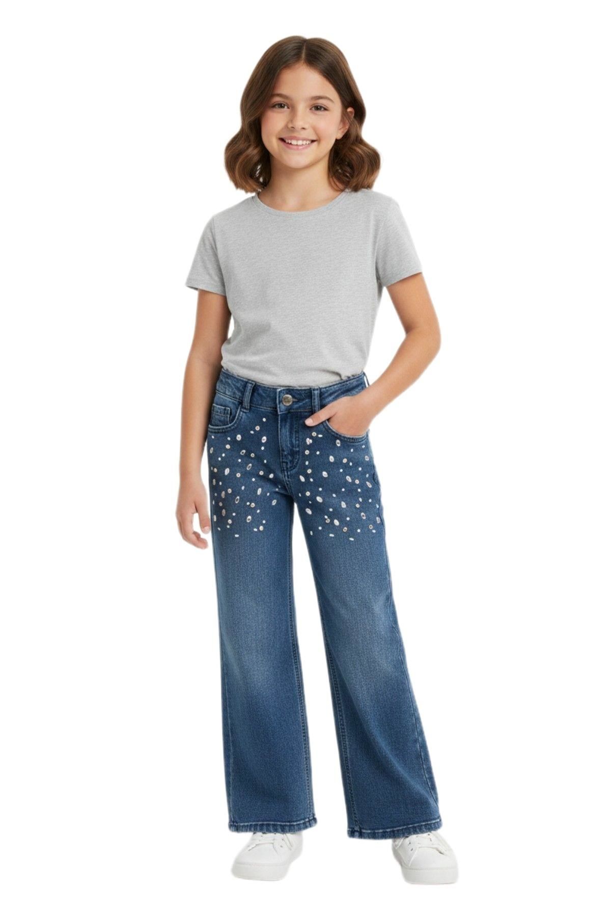 Kız Çocuk Taş Desenli Palazzo Jean Pantolon BGL-ST05214