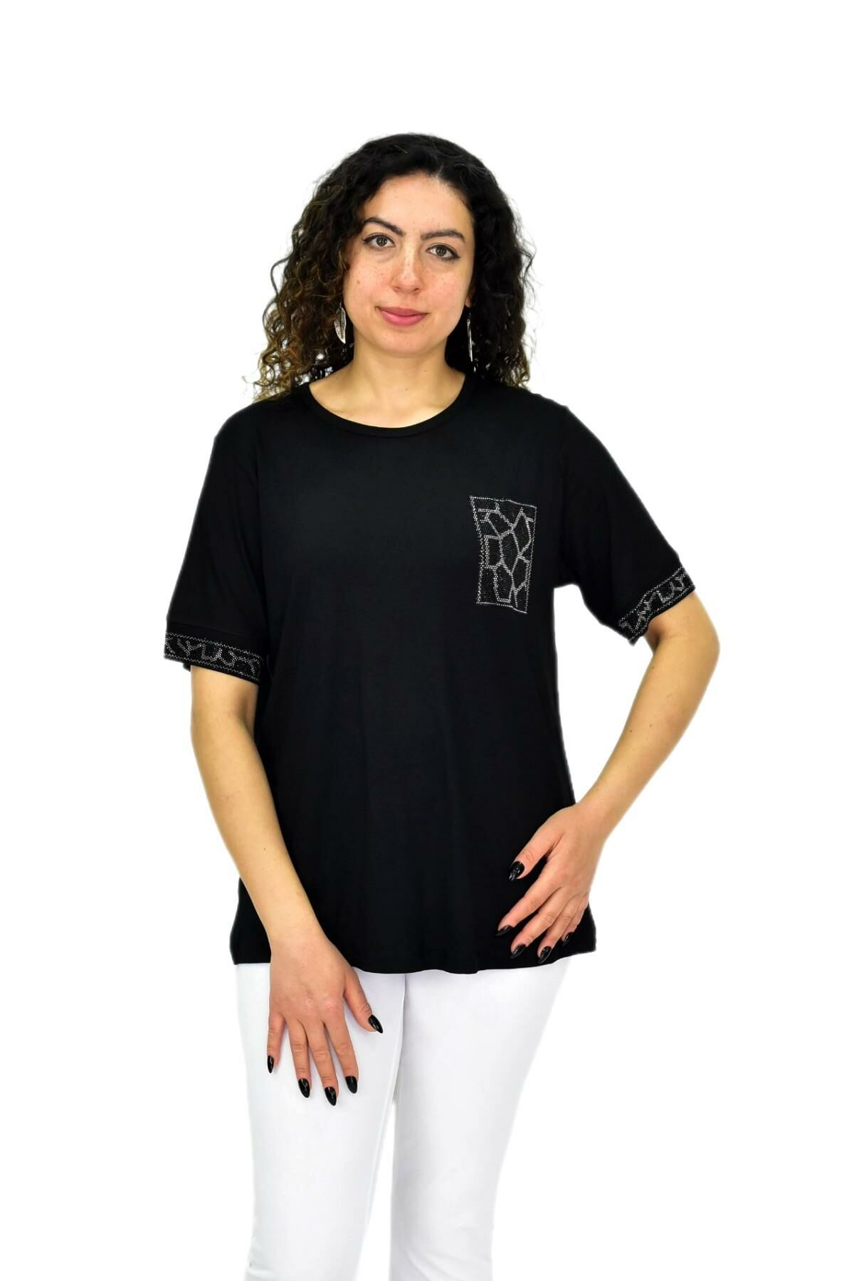 Kadın Kısa Kol Taşlı Bluz BGL-ST04709