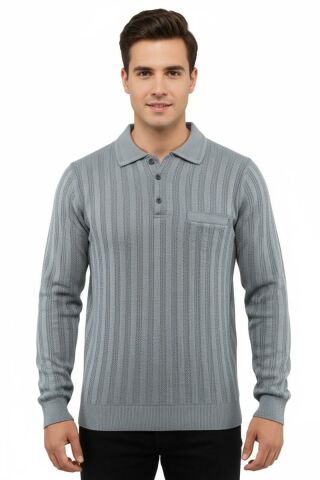 Erkek Polo Yaka Kazak Cepli Çelik Örgü Klasik Kalıp 5203F BGL-ST04851