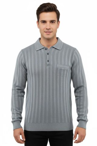 Erkek Polo Yaka Kazak Cepli Çelik Örgü Klasik Kalıp 5203F BGL-ST04851