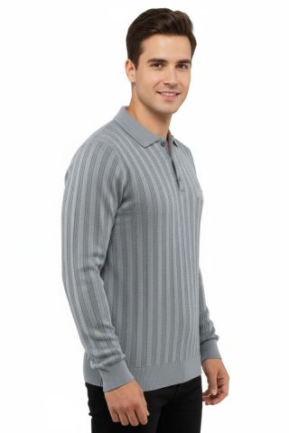 Erkek Polo Yaka Kazak Cepli Çelik Örgü Klasik Kalıp 5203F BGL-ST04851