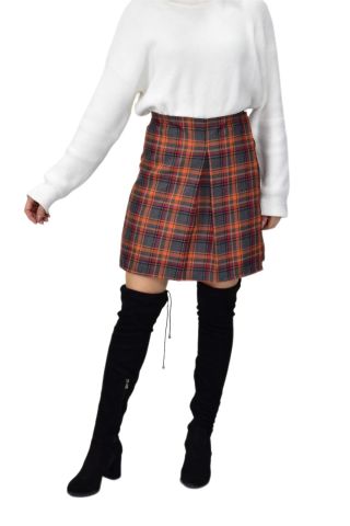 Kadın Ekose Kolej Şort Etek Turuncu Füme MNSO-38