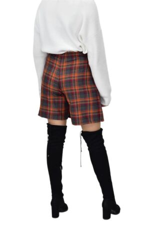 Kadın Ekose Kolej Şort Etek Turuncu Füme MNSO-38