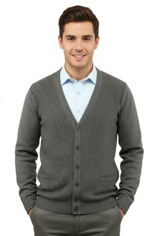 Erkek Düğmeli Hırka Cepli Çelik Örgü Klasik Kalıp 5212M BGL-ST04848