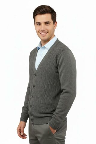 Erkek Düğmeli Hırka Cepli Çelik Örgü Klasik Kalıp 5212M BGL-ST04848