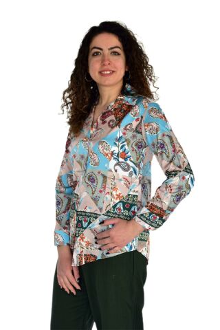 Kadın Saten Baskıkılı Desen Uzun Kol Gömlek BGL-ST04214