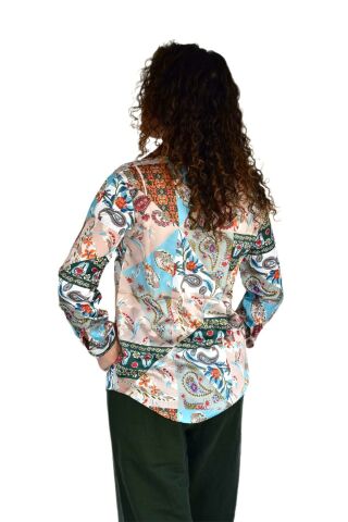 Kadın Saten Baskıkılı Desen Uzun Kol Gömlek BGL-ST04214