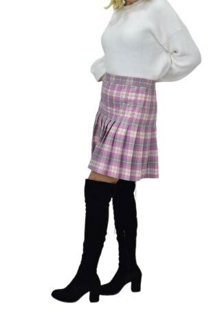 Kadın Ekose Kolej Etek Pembe Gri ANADOLU-34