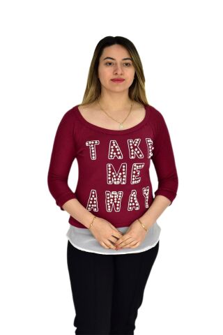 Kadın Boncuk İşli Kayık Yaka Sweat BRG-37415